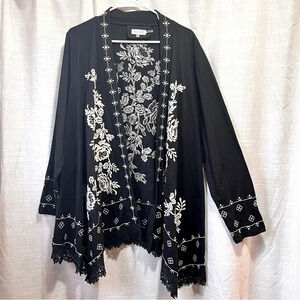 Black & White Embroidered Kimono Women’s Large | Artsy Boho Festival Layering